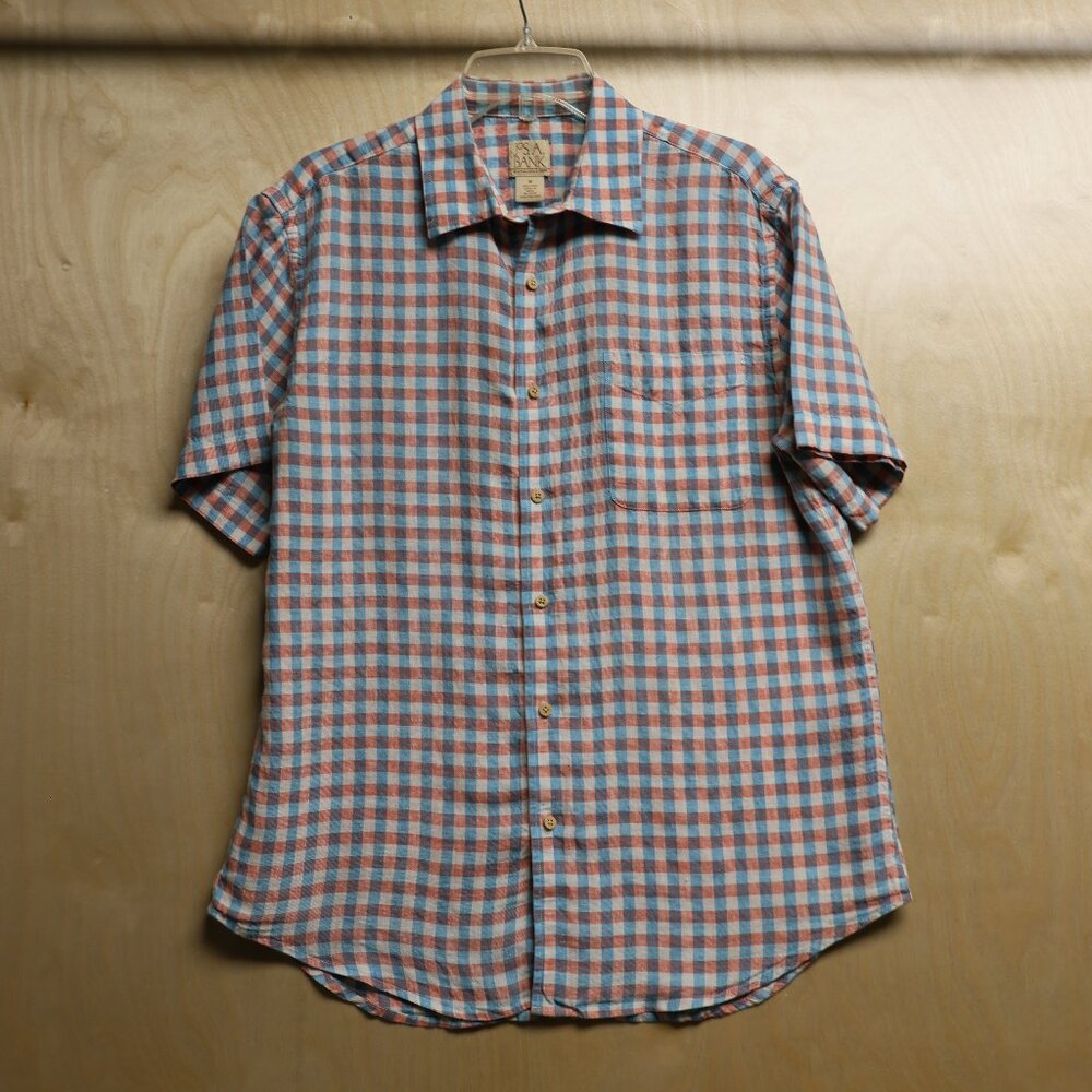 JoS. A. Bank Blue & Red Plaid Short Sleeve Linen Butto Up Mens Med